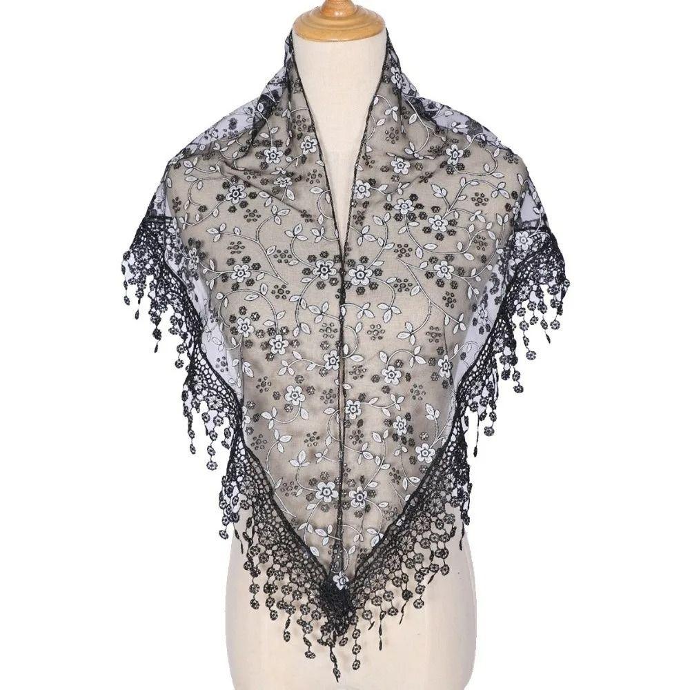 Floral Printed Veil Headband Embroidered Flower Tassels Scarves Simple Lace Shawl Ladies