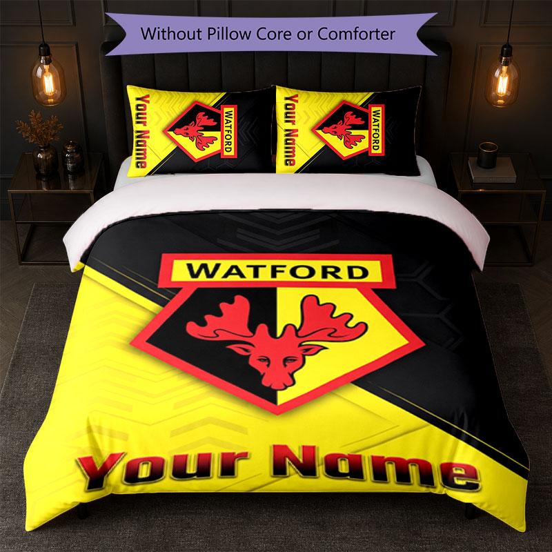 Watford FC Individuelles Namens-Text Bettwäsche-Set 1 Bettbezug+2 Kissenbezüge Fußball-Logo Personalisierte Geschenkidee für besonderen Anlass Schlafzimmerdekoration