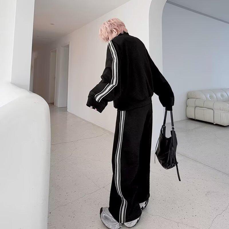 Spring retro stand-up neck cardigan sweater set men's niche webbing decorative design casual trousers sports two-piece set