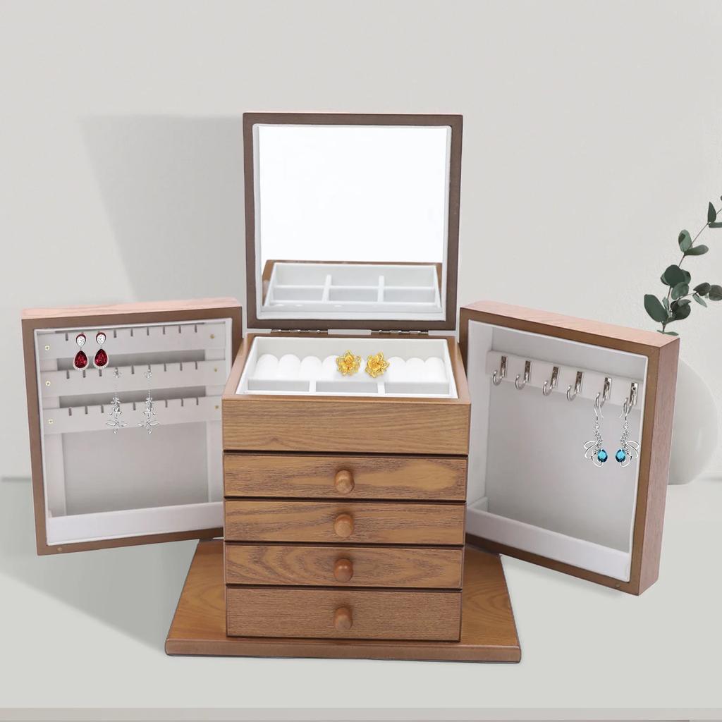 5-patrový velký vintage zásuvkový box na šperky, stolní zrcátko na make-up, vícepatrový dřevěný šperkovnice, dárek pro ženy