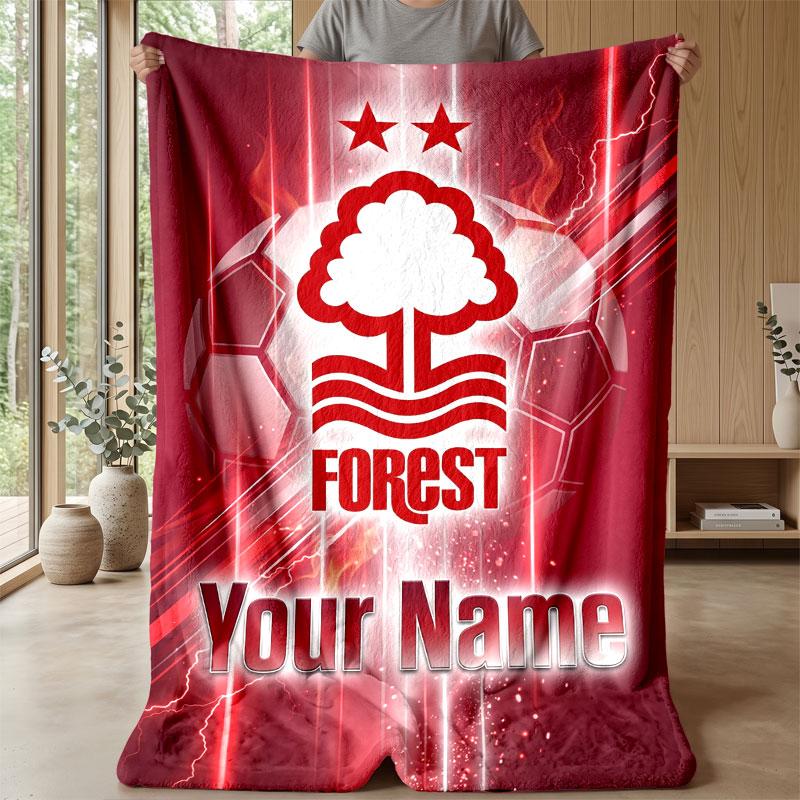 Nottingham Forest FC Custom Name Text Flannel Blanket Soccer Logo Personalized Fleece Throw Blanket Special Gift For Sofa Bedroom Home