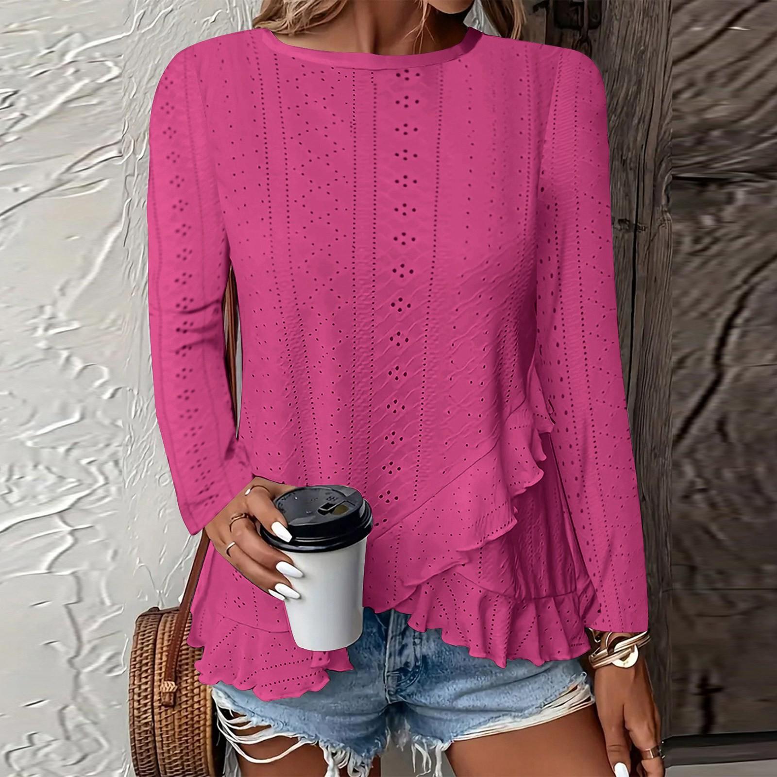 

Женская модная однотонная повседневная футболка с длинным рукавом и круглым вырезом L горячий розовый