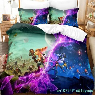 Spiel Anime Ratchet Clank Rift Apart Bettwäsche-Set Cartoon dreiteiliges Set Schlafzimmer für Jungen und Mädchen Bettbezug-Sets 3D Kawaii