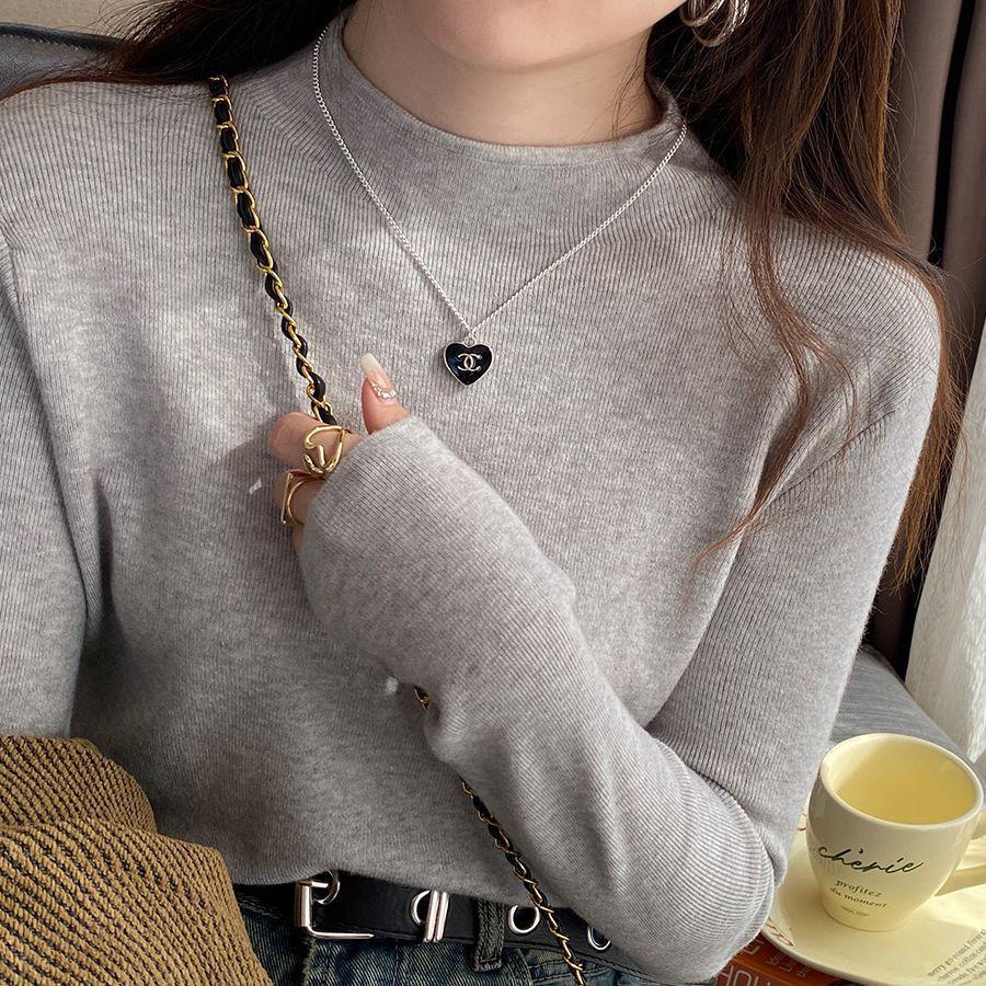 Women's 2024 Black Mock Neck Sweater: Base Layer for Spring & Autumn, Loose Half-High Neck Top.