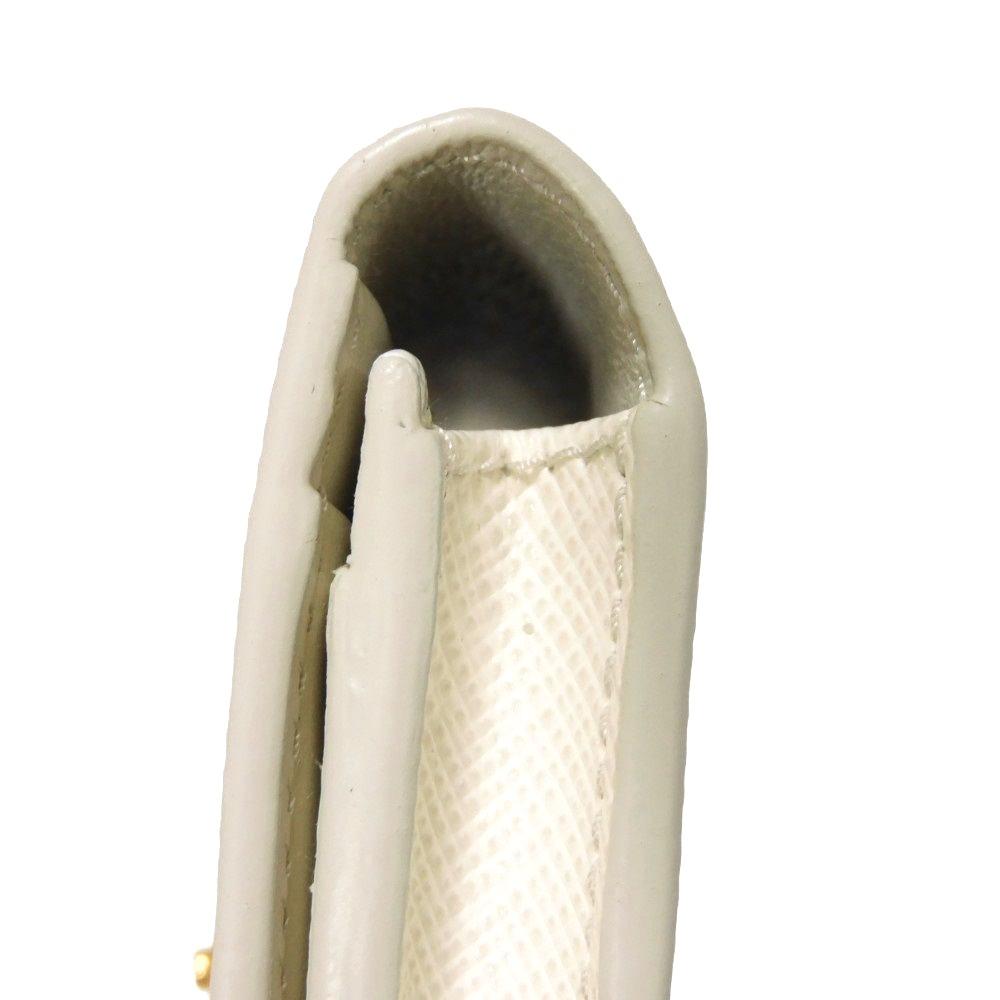 Used 11569 Saffiano Triangle Card Holder 1MC110 QHH F0009 7946 Current Calfskin White Bifold RFID Logo Bianco Unisex