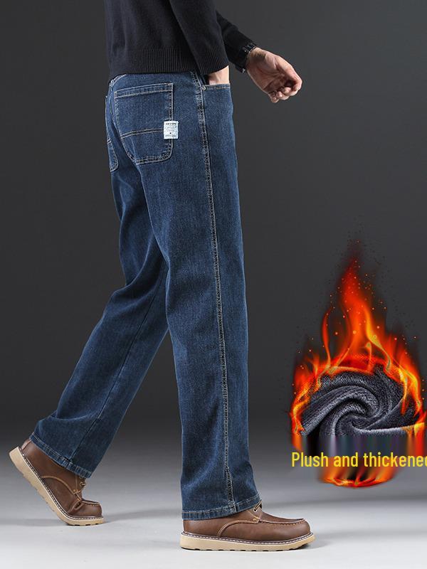 Men's Black Casual Loose Straight-Leg Jeans with Velvet Lining