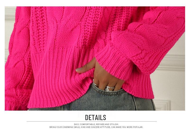Leuchtende Farbe Kabelstrick Übergröße Damenpullover - Langarm Locker Halber Rollkragen Pullover