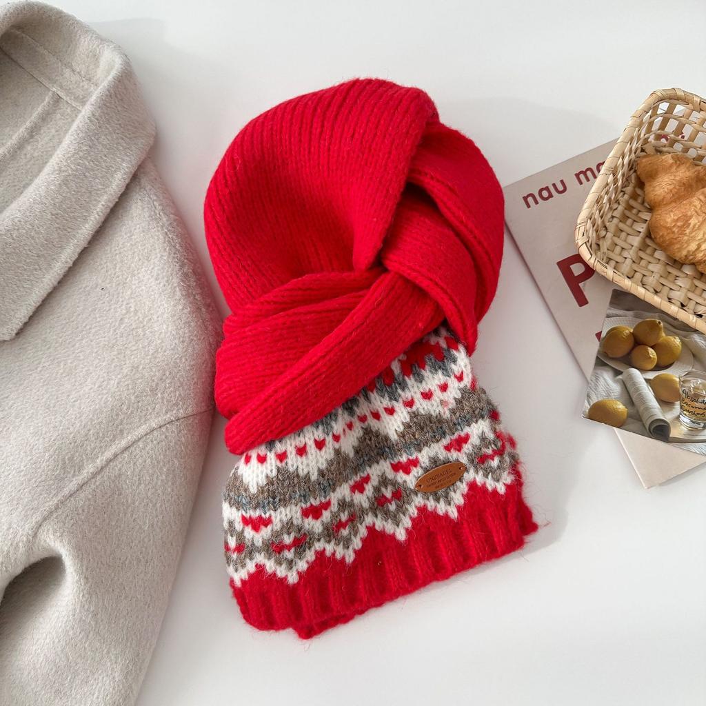 Green Christmas~ Korean Version Ins Retro Fair Island Jacquard Scarf Women's Winter New Warm and Thickened Knitted Scarf