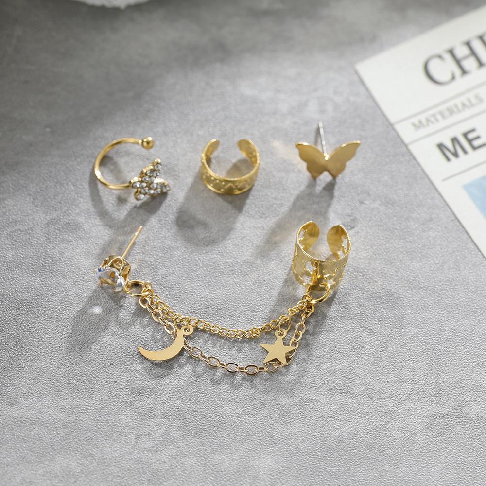 Boucles d'oreilles tempérament assorties pour femmes Rétro Papillon Chaîne Pendentif Clip d'oreille à l'os de l'oreille Boucles d'oreilles asymétriques en strass