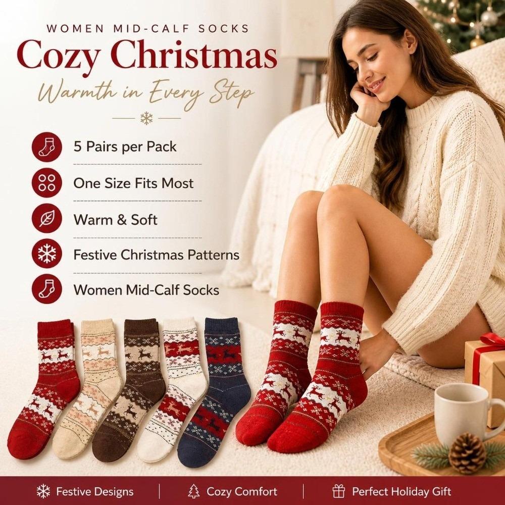 5pairs Thickened Deer Knit Winter Socks Soft Warm Mid-Calf Socks Christmas Reindeer Socks Autumn