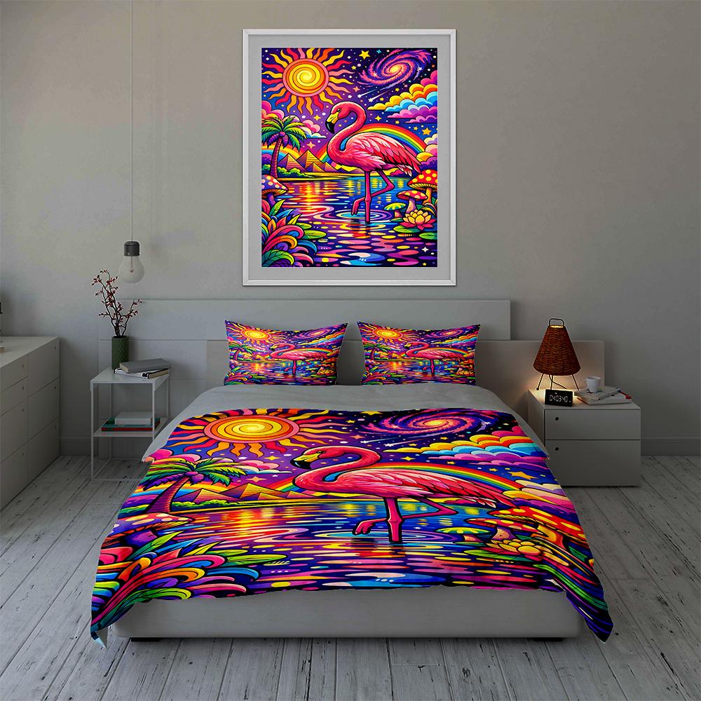 Colorful, Flamingo, Psychedelic. Bedding Duvet Cover Sets Duvet Covers Pillowcases Gifts (1 * Duvet Cover 2 * Pillowcases, Without Duvet Insert)