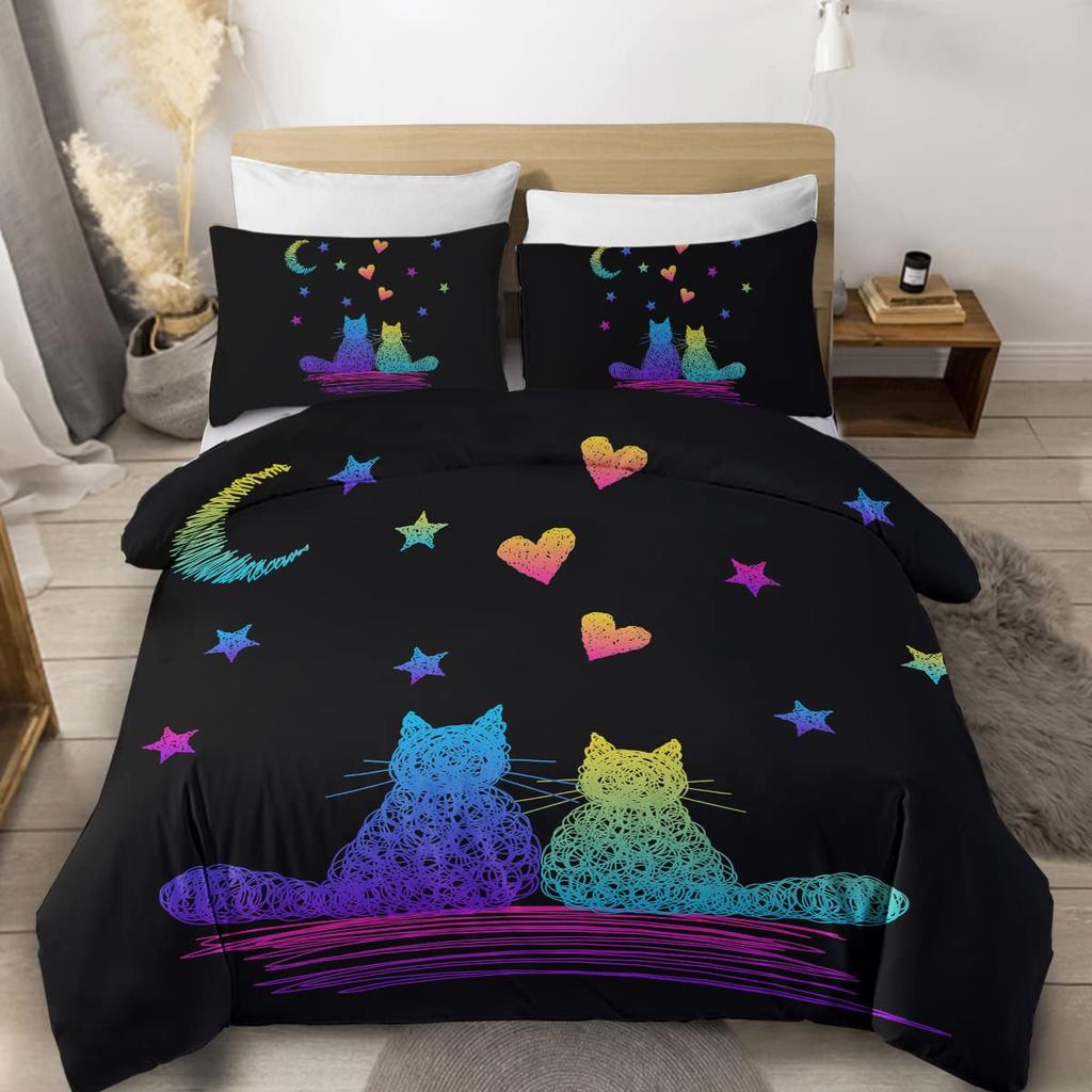 Witch Black Cat Duvet Cover Set Full,Cat Sitting On Moon Bedding Set Vintage Gothic Animals Cat Comforter Cover 2/3pcs Bed Sets