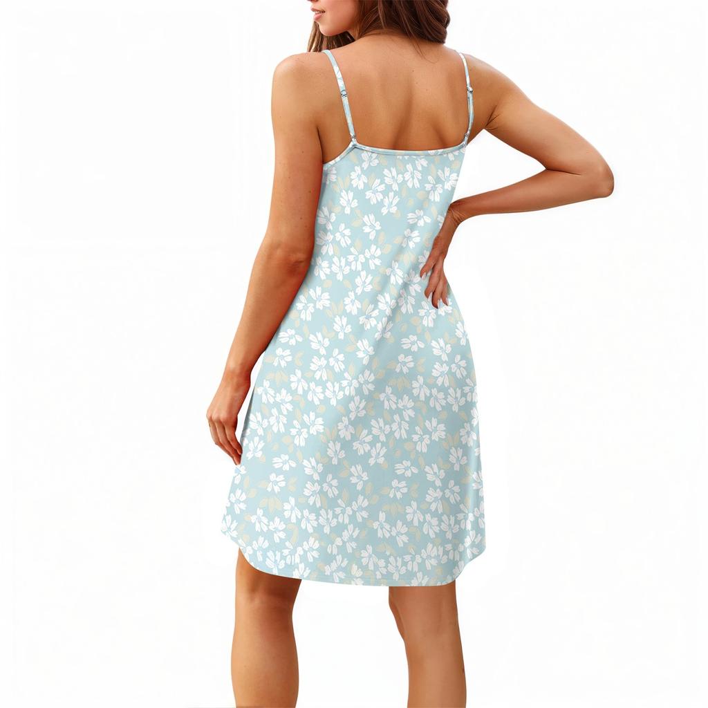 Fashion Women Summer Dress Vintage Floral Print Adjustable Spaghetti Straps Beach Vacation Casual Dress With Pockets