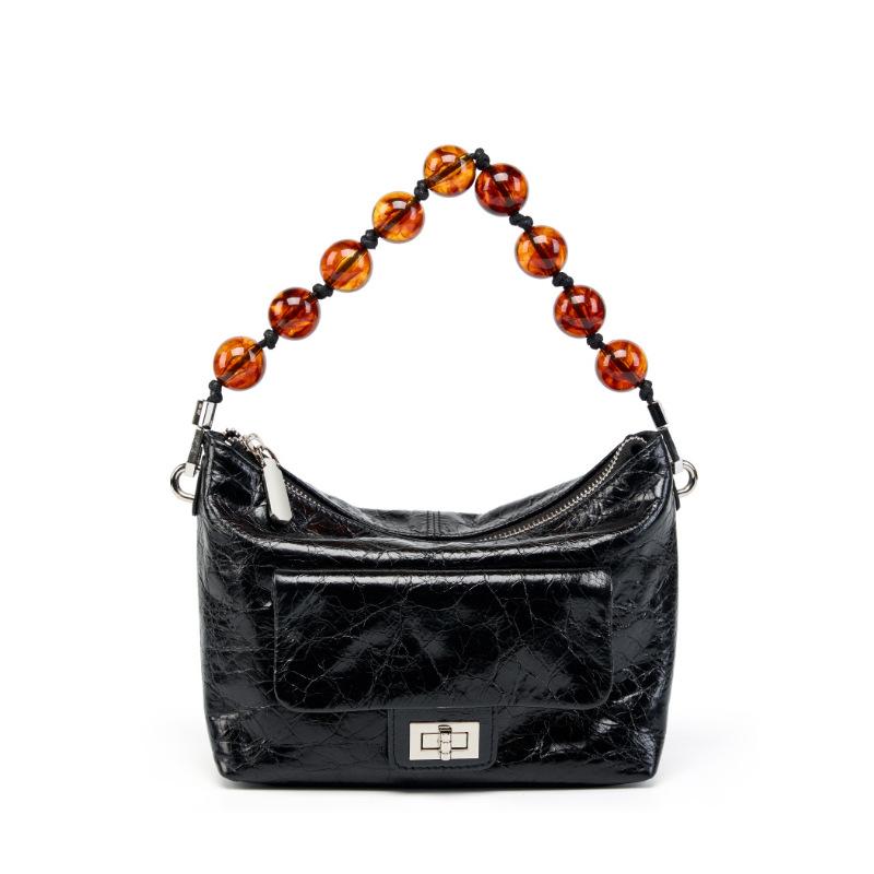 Bead Chain Crossbody Shoulder Bag Women's New Retro Oil Wax Leather Pleated Bag Hand Bag