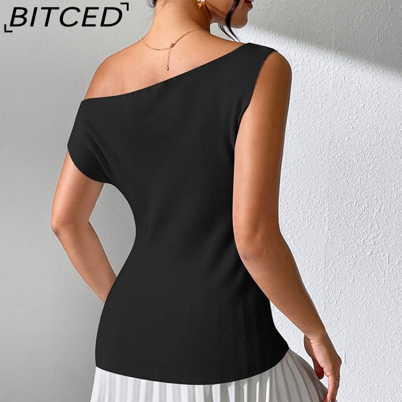 BITCED Versatile Solid-Colour Sleeveless Knit Vest Seductive Fitted Knit T-Shirt Designer Off-Shoulder Top