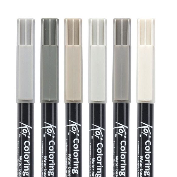 Stylo Pinceau - SAKURA - Koi Coloring Brush - Étui De 6 - Couleurs Gris - Nylon Flexible