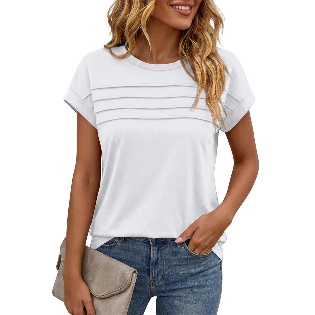 Women's Casual Top Monochrome Pleated Top Round Neck Short Sleeved Shirt