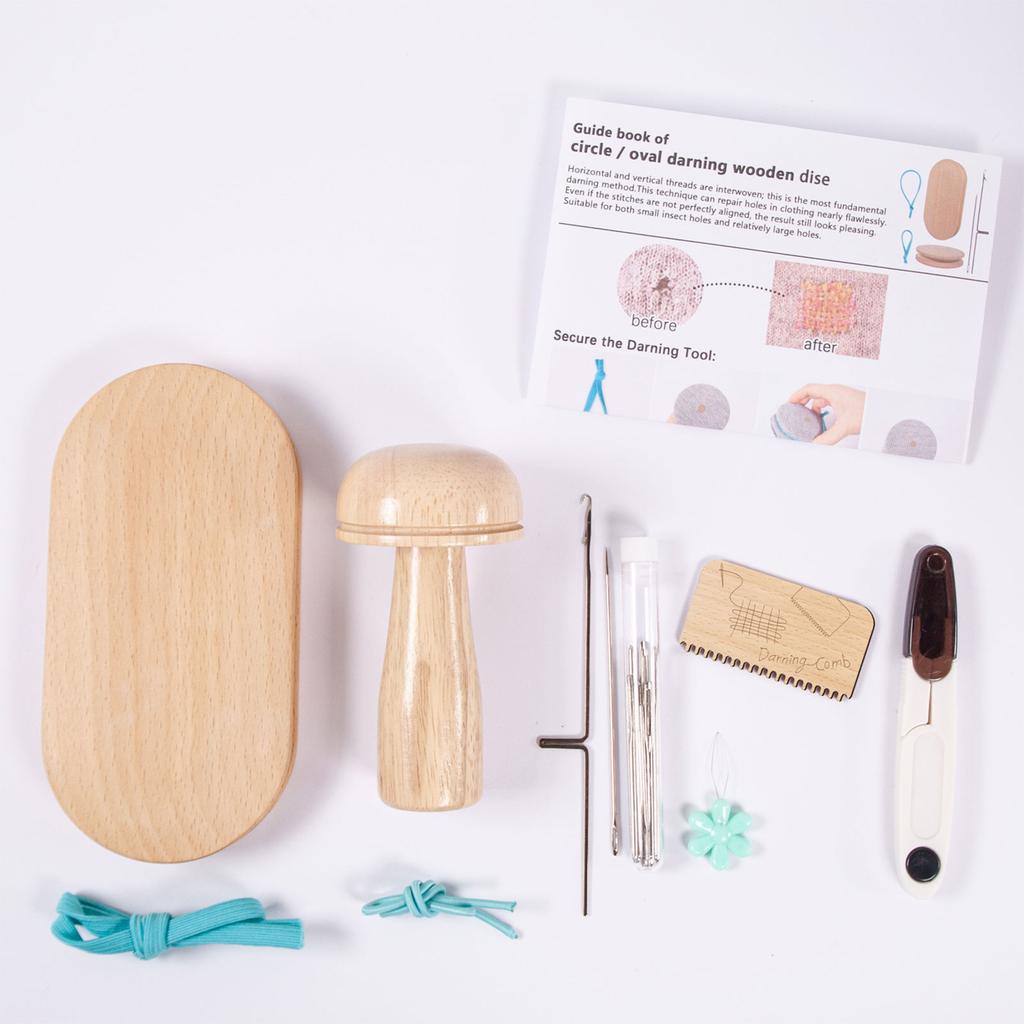 Darning Tools Set, Beechwood Oval Darning Tool, Mushroom Darning Tool, Wood Comb, Stainless Steel Needles, Hook Needle, Threader, Elastic Bands