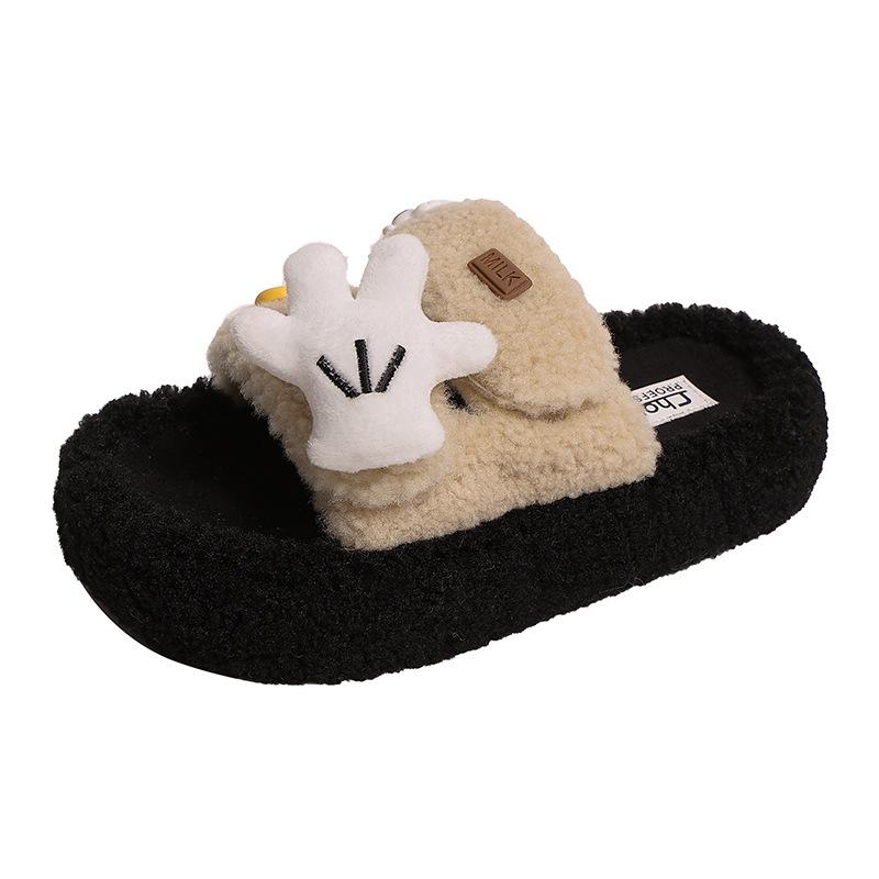 Fashion Soft and Cute One-word Fluffy Shoes for Women To Wear Outside 2025 Autumn and Winter New Thick-soled Cotton Slippers Cotton Slippers