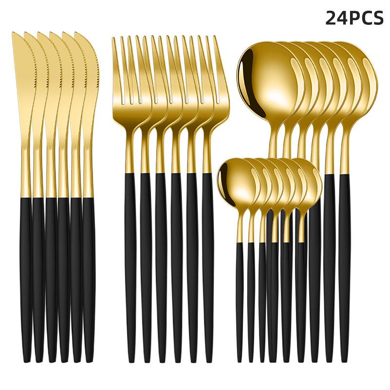 Luxurious 30-Piece Gold Stainless Steel Cutlery Set: Includes Portuguese Knife, Fork, and Spoon for Western Cuisine in an Elegant Gift Box.