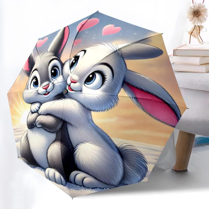 1pc Sturdy 8-Bone Auto Umbrella, Cute Bunny Umbrella, Digital Printed, Foldable Umbrella for On-the-Go Outdoor Use