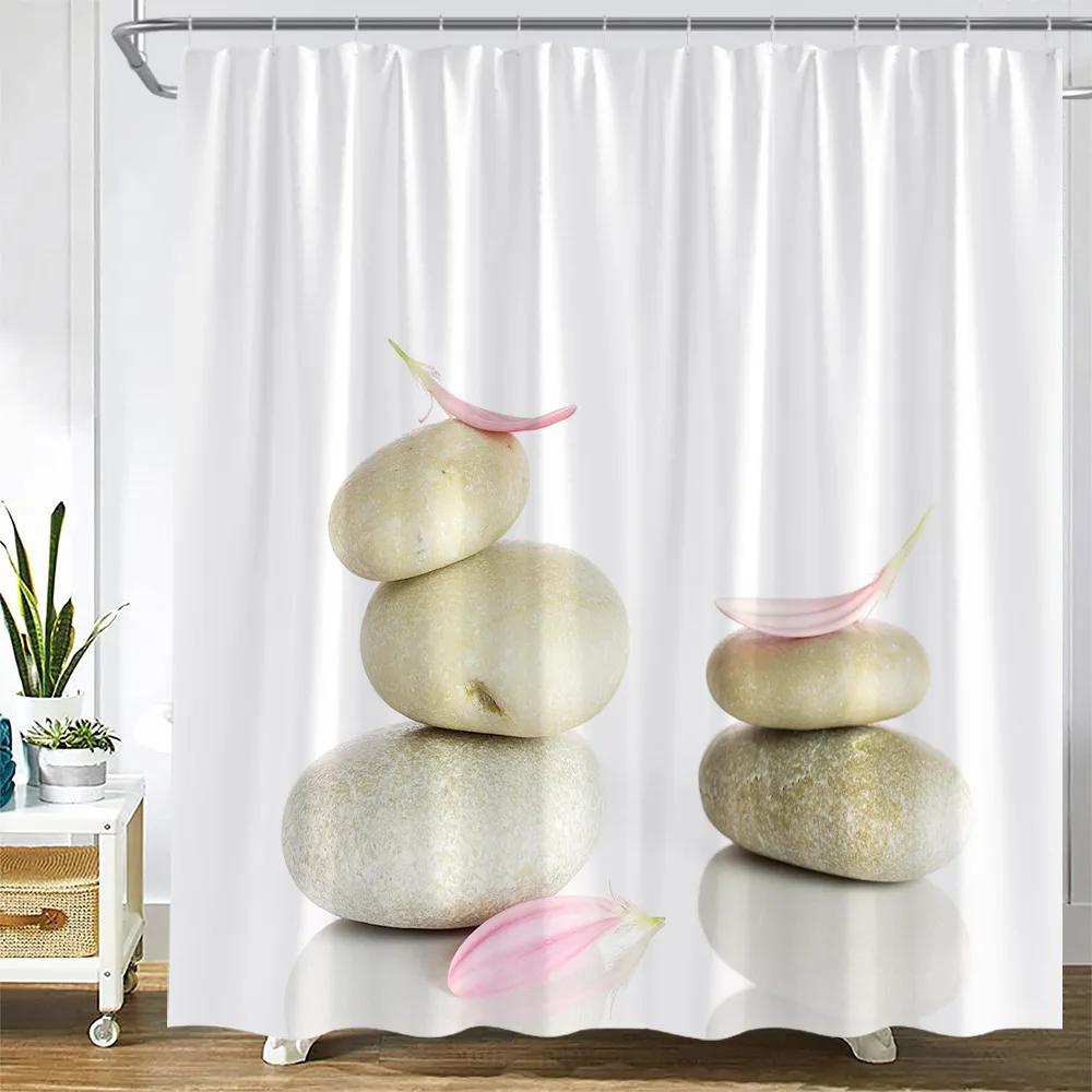 Zen Green Bamboo Shower Curtain Pink Flower Plant Black Stone Spa Garden Scenery Wall Hanging Fabric Bathroom Decor Curtains S