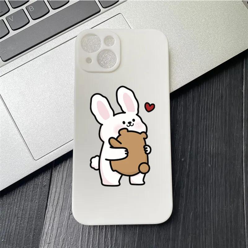 Cartoon Cute Bunny Bear Paired Couple Phone Case For IPhone 13 11 12 15 16 Pro Max Mini X XS XR 14 Plus Lovers Cover Funda Shell