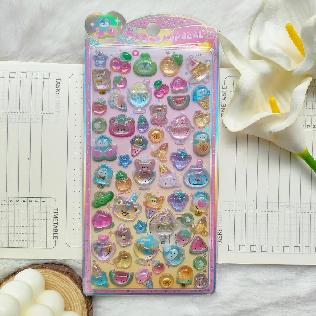 Kids 3D Crystal Relief Stickers - Cute Ghost Bird Strawberry Rabbit Penguin Decals Waterproof for Kpop Photocard DIY Decor Gifts