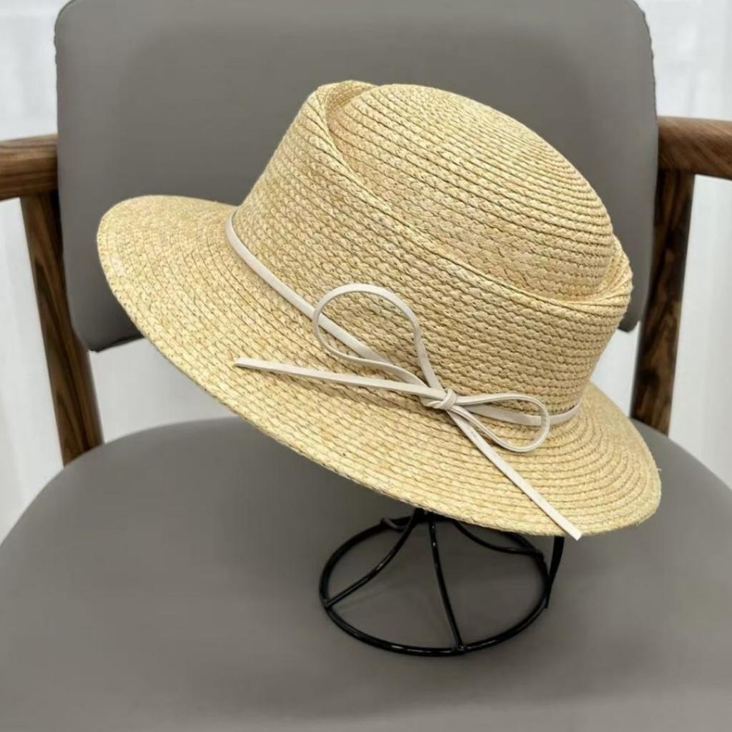 French bow concave top straw hat women's new straw hat summer flat brim beach seaside vacation sun hat