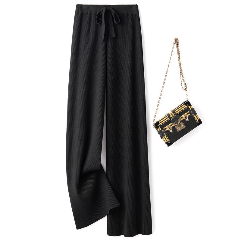 Women's White Wool Knit Wide-Leg Elastic High-Waist Floor-Length Pants — Autumn/Winter Drapey, Loose-Fit, Versatile, Straight-Leg Pants