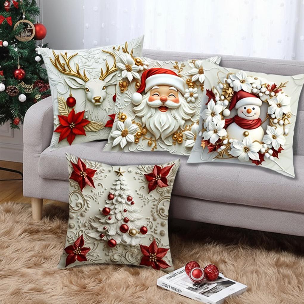 4PCS/SET Christmas Pillow Covers, Santa Snowman Reindeer Tree Print, Red White Gold Green Polyester Zip, for Living Room Decor