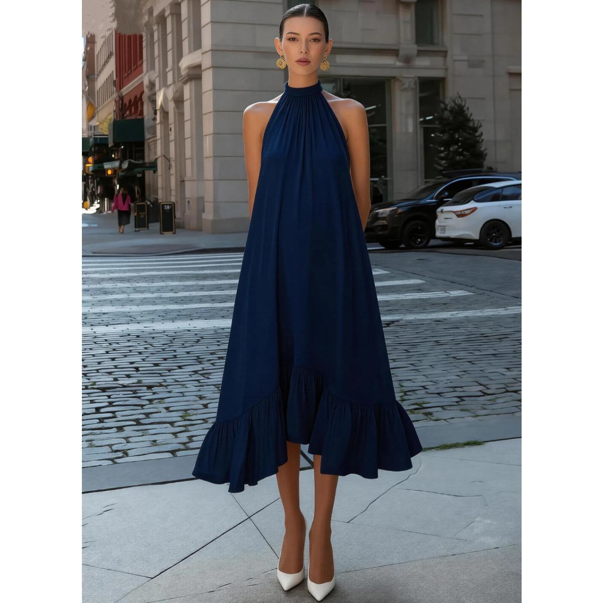 

2026 Elegant Halter Neck Pleated Midi Dress for Women, Sleeveless Flowy Ruffle Hem A-Line Dress, Casual Beach & Party Wear XXL синій
