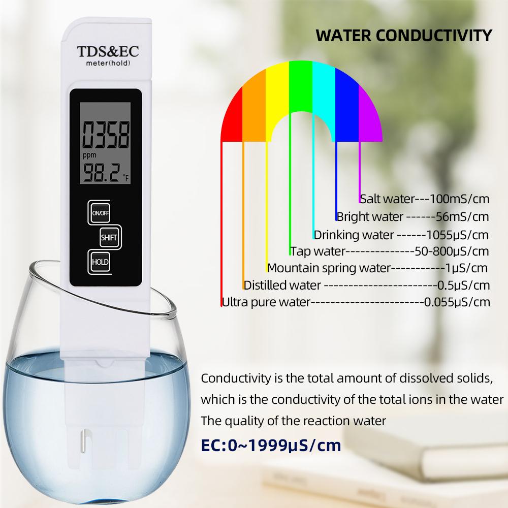 3 In 1 Digital Water Quality Tester EC TDS Meter Range 0-9990 Multifunctional Water Purity Temperature Meter for Drinking Pools