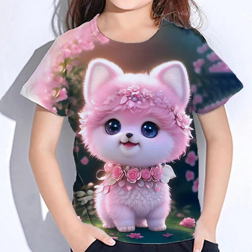 Sommer Kinder Cartoon Niedliche Katzen Tops T-Shirts 3D Floral Bedrucktes T-Shirt Kinder O-Ausschnitt Kurzarm Kleidung Mädchen Lässig