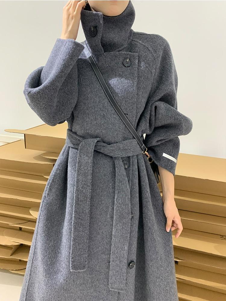 

Autumn and winter wear, autumn and winter women s clothing, woolen coat, high-necked high-end waist-laced long cashmere coat S recommends 90-62.5 kg світло-сірого кольору