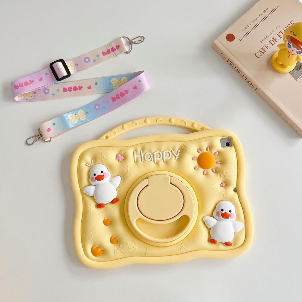 3D Cartoon Cute Duck Kids Case For iPad Mini Air 2 3 4 5 6/7 8th 9th 10th 10.9 11th A16 Pro 11" 12th A19 Silicone Tablet Protective Case Stand