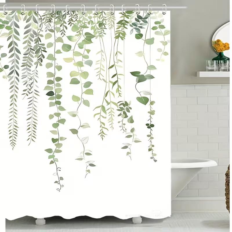 VIKAMA Nordic Fresh Green Leaf Shower Curtain Waterproof, Mould-Resistant Shower Curtain Light-Blocking Curtain Bathroom Decor