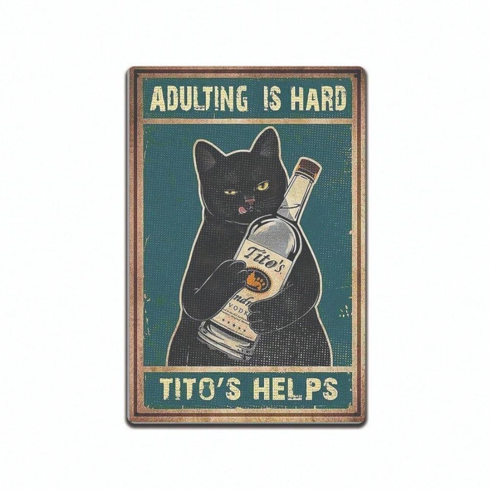 Funny Metal Tin Sign Vintage Retro Adulting Is Hard Black Cat Wall Decor Home Bar Office Plaque Gift