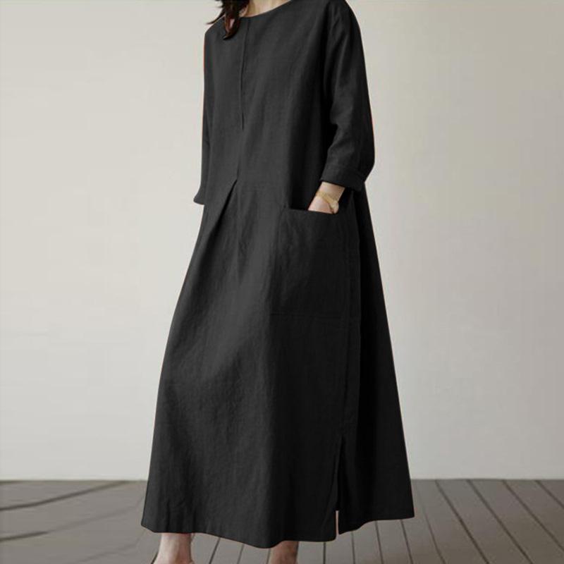 Women Casual O-neck 3/4 Sleeve Cotton Long Dress
