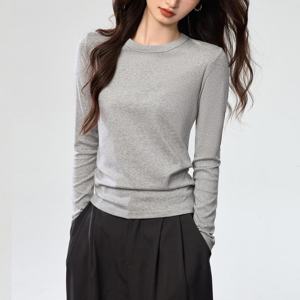Women's Autumn 2025 Long-Sleeve T-Shirt: Combed Cotton, Versatile Design with Exposed Stitching, Simple Round Neck.