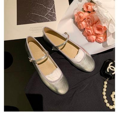Cowhide Version~ Fairy Style Leather Silver Mary Jane Single Shoes Women's Spring One-word with Round Head Light Mouth Flat Shoes Ladyshoes