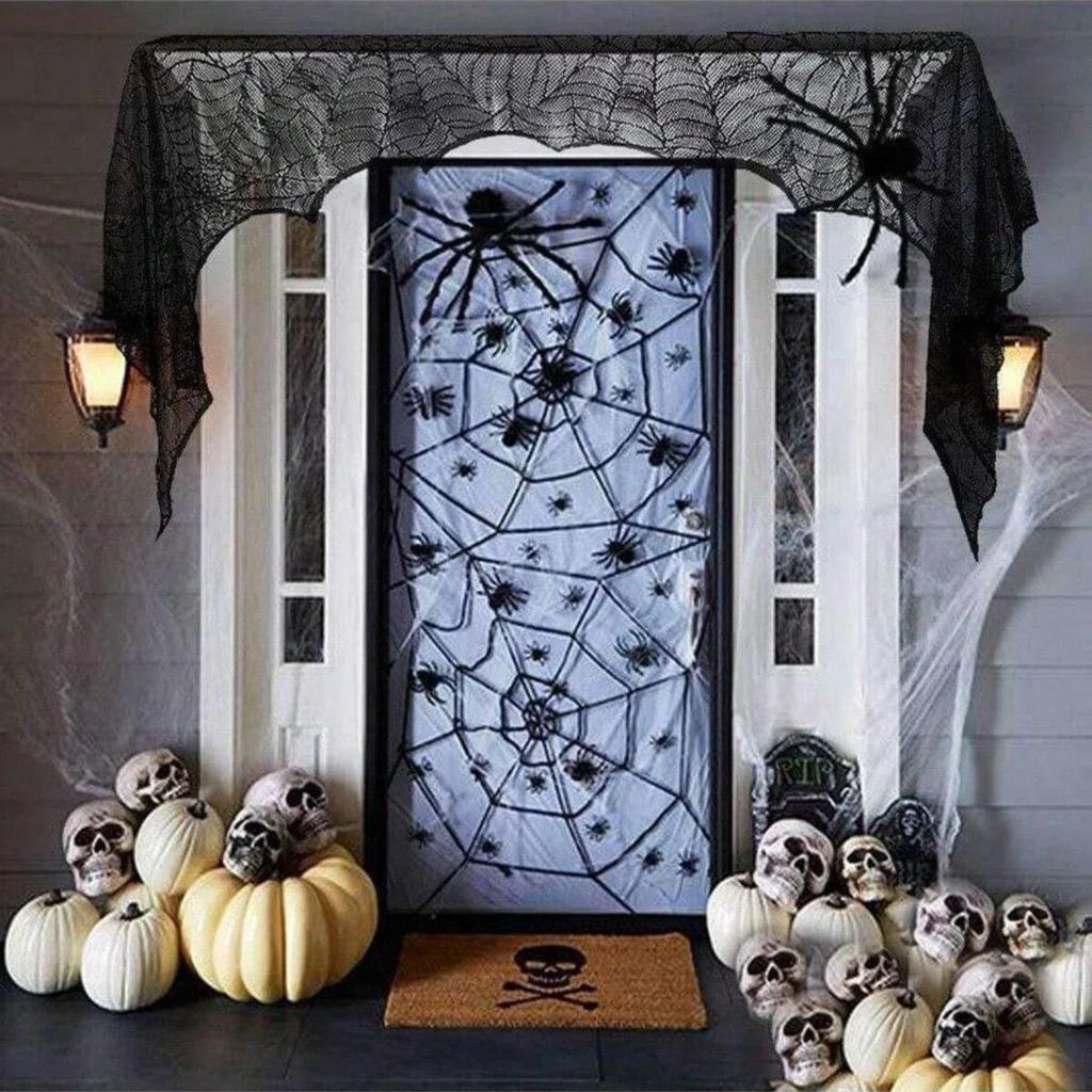 1/2pcs-Halloween Fireplace Cloth Black Lace Halloween Table Runner Halloween Cobweb Tablecloth Outdoor Party Decorative Cloth