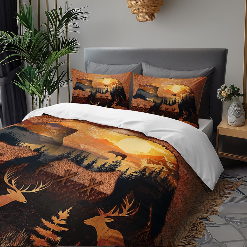 3pcs Bear Mountain Sunset Bedding Duvet Cover Set Wildlife Bedding Quilt Set Nature Themed Bed Quilt Set Autumn Forest