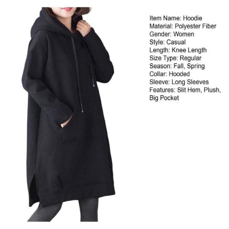 Damen Lockerer Dicke Hoodie Einfarbige Herbst Winter Plüsch Pullover mit Großer Tasche Kordelzug Geschlitzter Saum Knielang Tägliches Oberteil