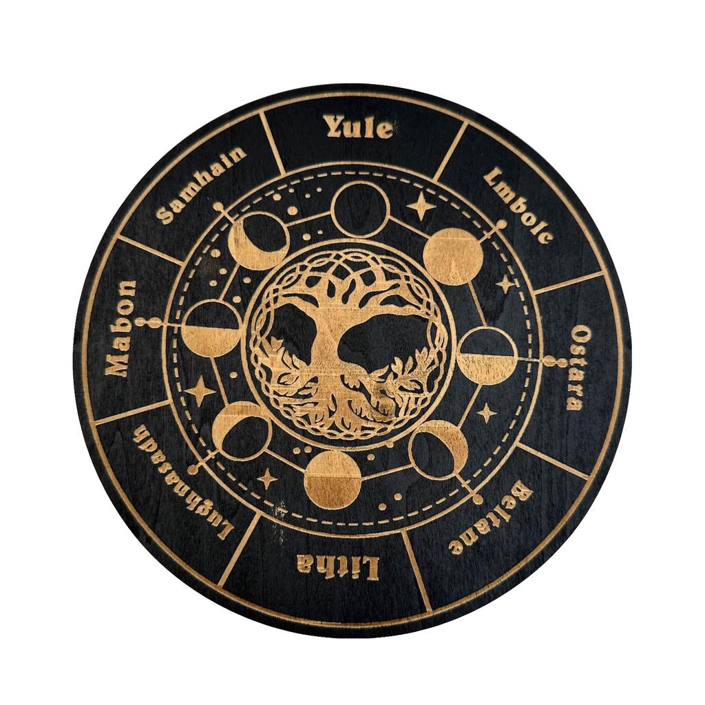 Crystal Energy Disk Witch Divination Pendulum Board Wood Carving Astrolabe Altar Pendulum Prayer Ritual Display Decor