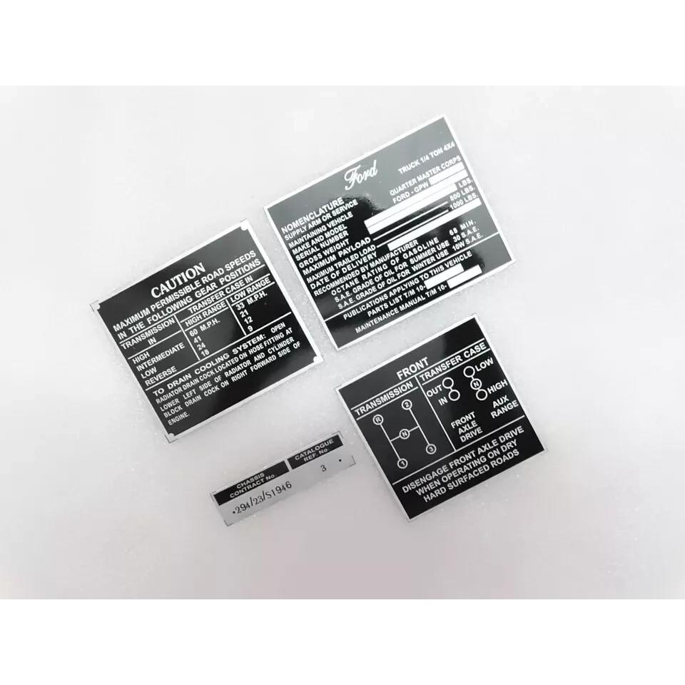 Dash Data Plate Aluminum Black Set Of 4 For Jeeps Willys Ford CJ2A CJ3A CJ3 |Fit