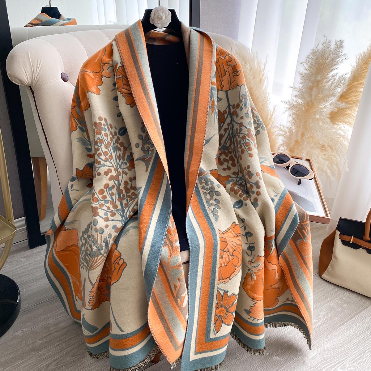 

Women s Double-Sided Floral Print Faux Cashmere Scarf Soft Cozy Pashmina Shawl Autumn Winter Cold-Resistant Windproof Blanket