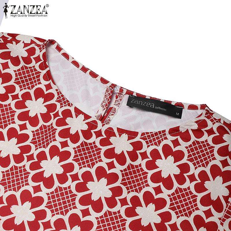 ZANZEA Women Casual Round Neck 3/4 Sleeve Loose Print Blouse