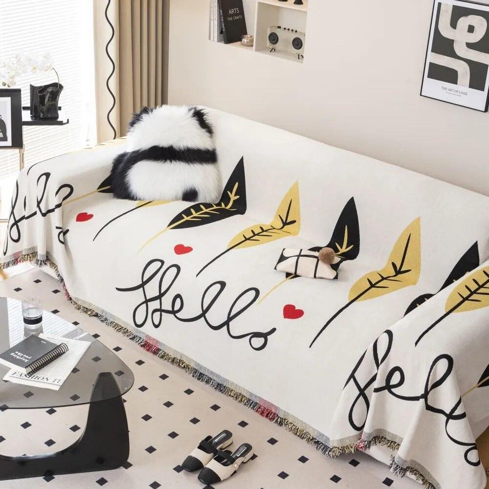 Modern Simple Leaf Print Sofa Cushion Cover Double Side Couch Cover Chenille Sofa Slipcover Protector Cover Mat Blanket