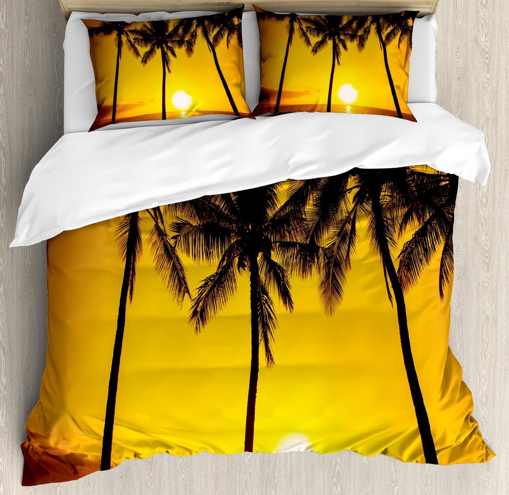 Seashore Duvet Cover Set Queen Size Splashing Waves On Sandy Beach Coconut Palm Trees Scenic Island View Warm Soft Breathable